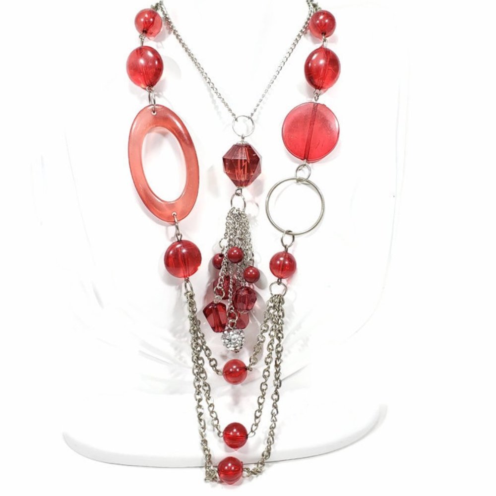 Red Necklace Lot Acrylic Silver Tone Lot of 2